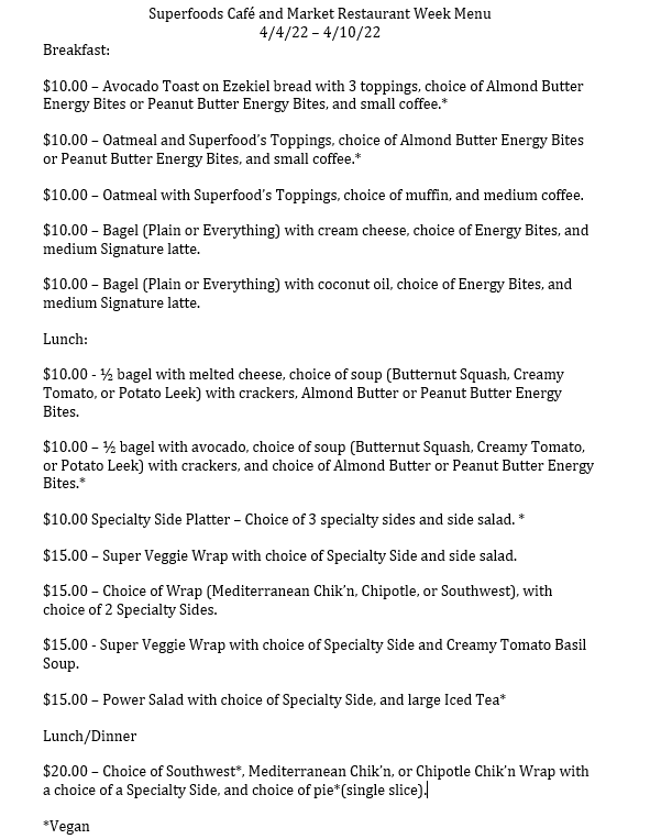 Superfoods Restaurant Week Menu Photo