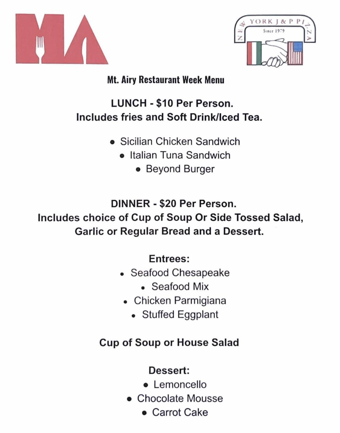 New York J and P Pizza Restaurant Week Menu