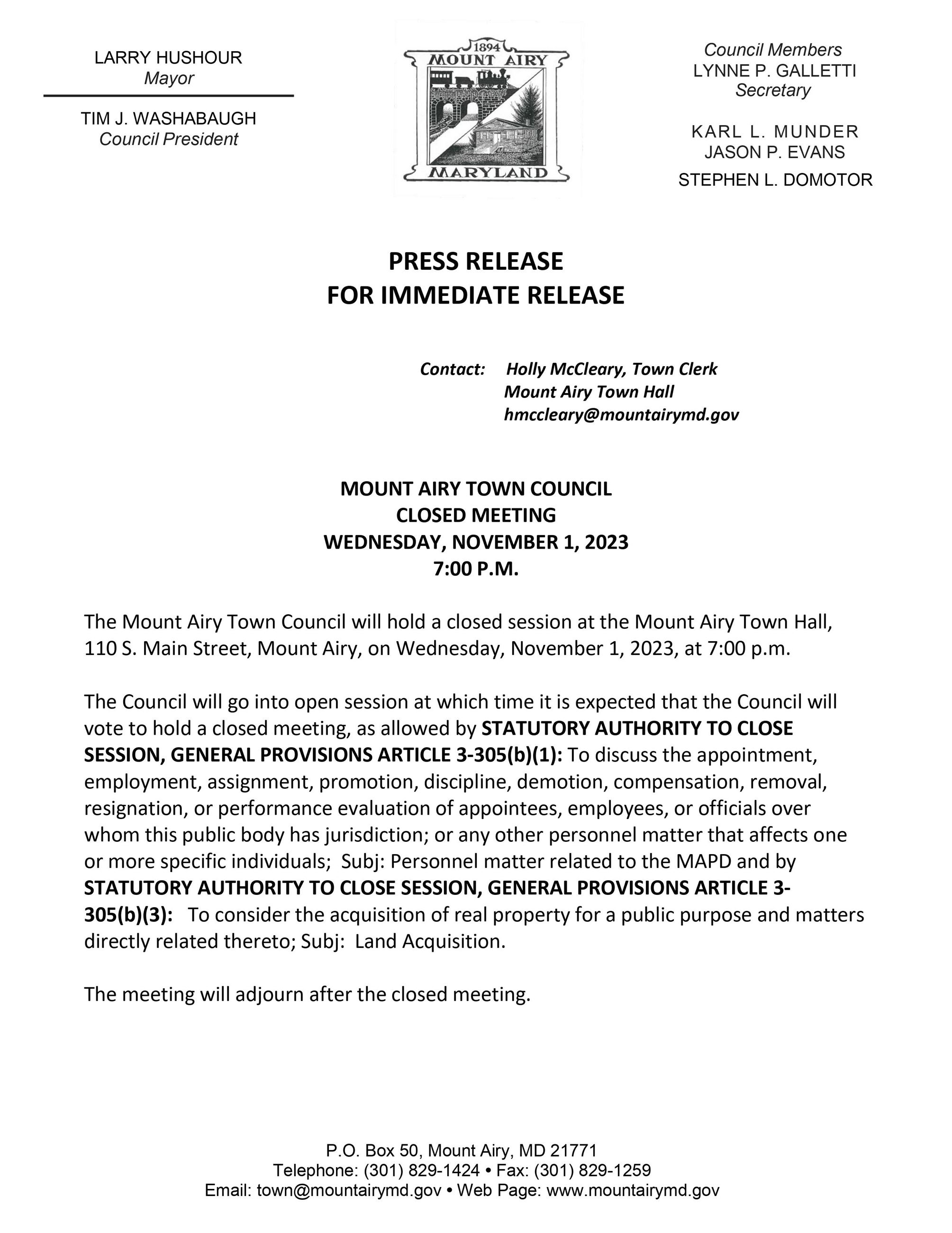 Town Council to go into Closed Session Nov. 1 