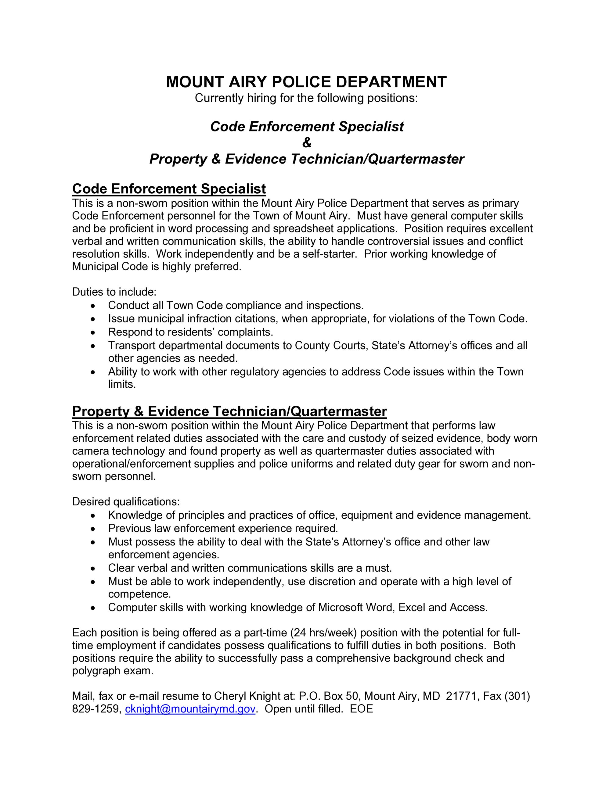 Code Enforcement Specialist and Property Evidence TechnicianQuartermaster