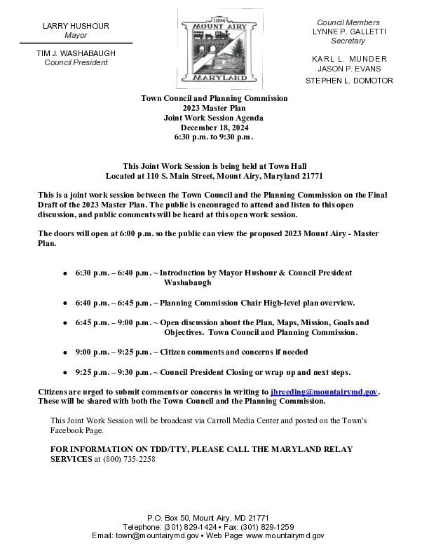 2024-12-18 2024 Master Plan Joint Work Session Agenda