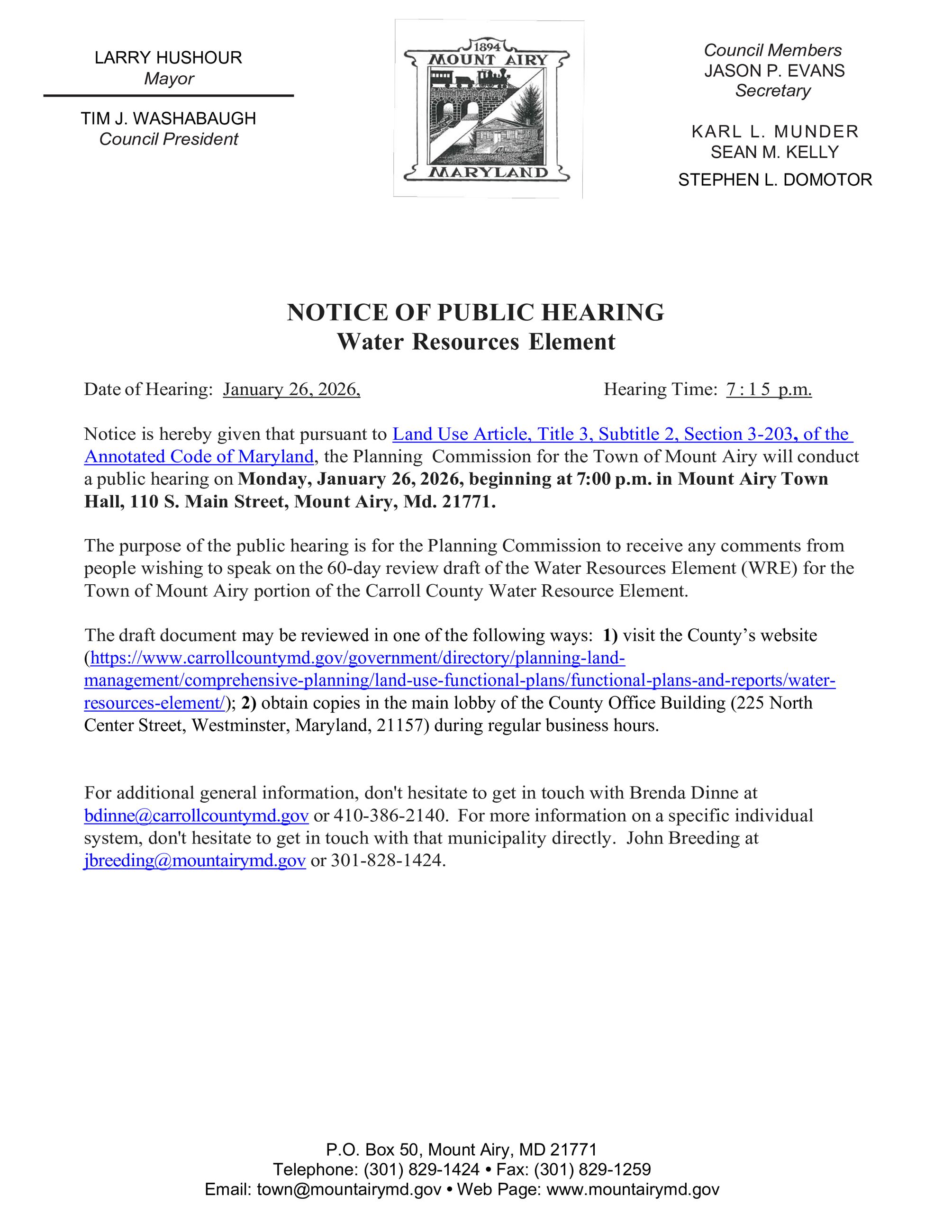 Notice of Public Hearing for Review of Carroll County Water Resourse Element 2024 WP