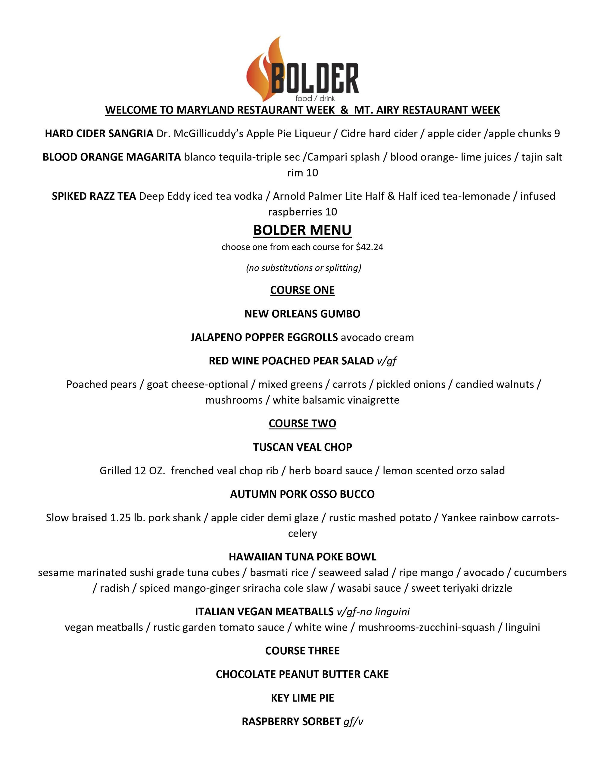 Bolder Mount Airy Restaurant Week Menu 