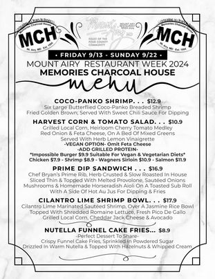 Memories Charcoal House Restaurant Week Menu 